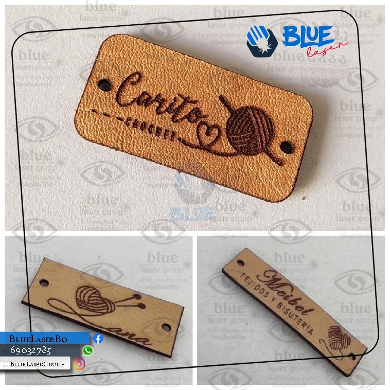 Etiquetas de Cuero Personalizadas unidades, Tamaño Ref.: 3×2 cm) – Blue Laser – Grabado